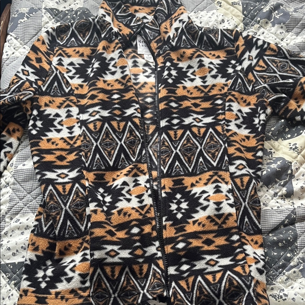 New York Laundry Black White Tan Aztec Zip-Up Fleece Hoodie